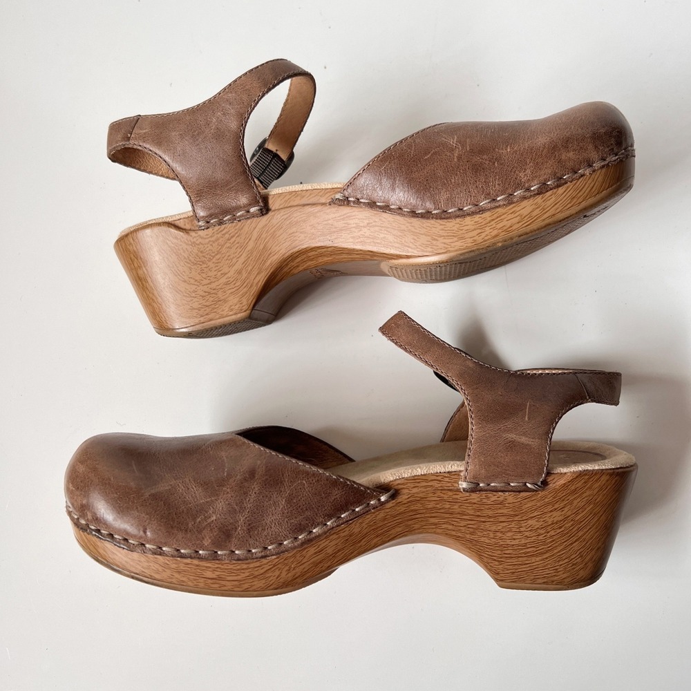 Dansko Mary Jane Clogs Size 40 Tan Brown Leather Platform Sandals Chunky Boho - Picture 5 of 10